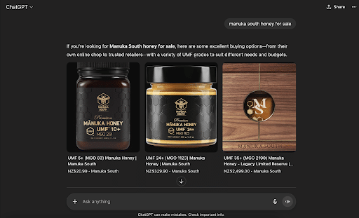 AI Mode Google Search results for Manuka South honey